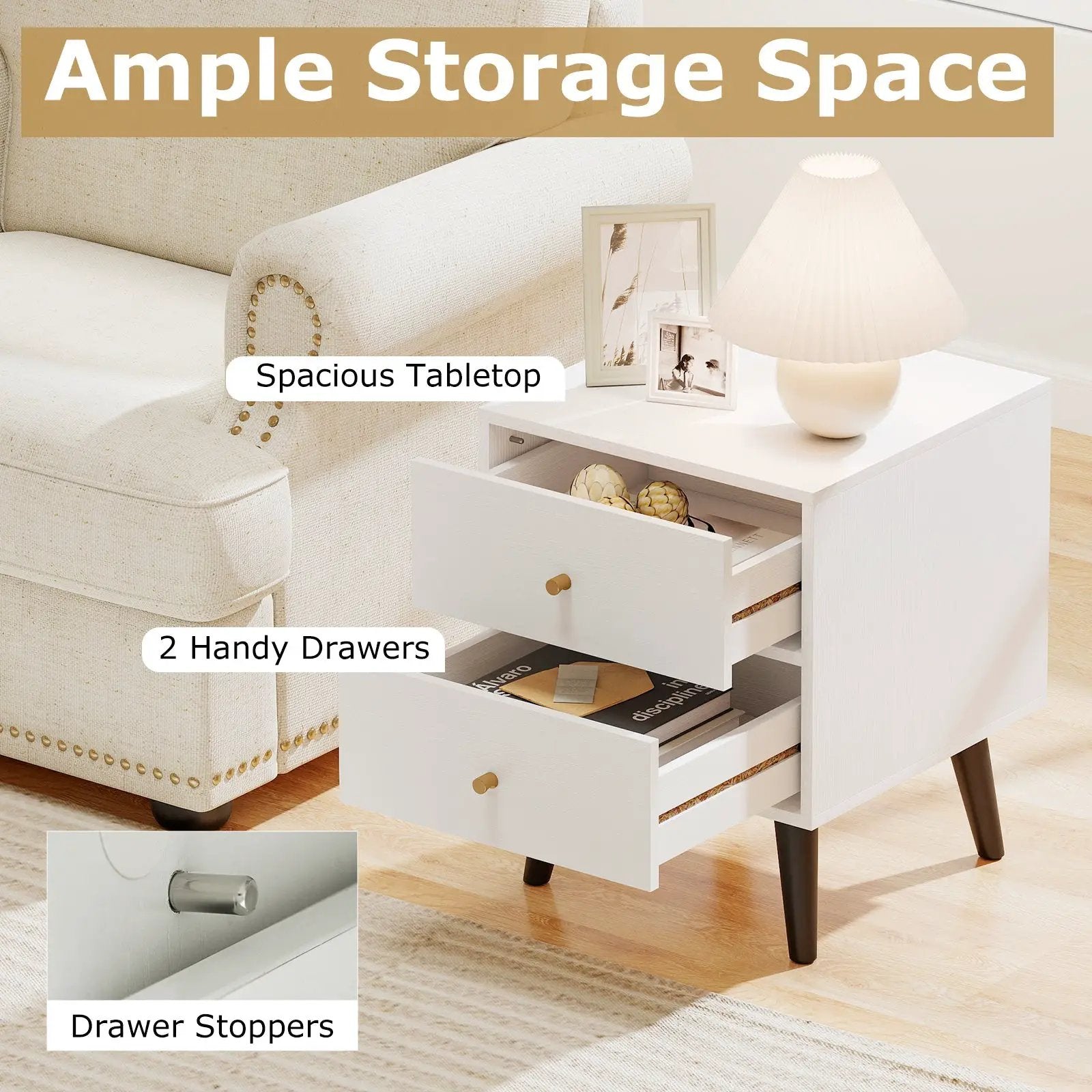 Mid Century Modern Bedside Table Nightstand with Golden Knobs and Raised Support Legs-White by DirectDeals