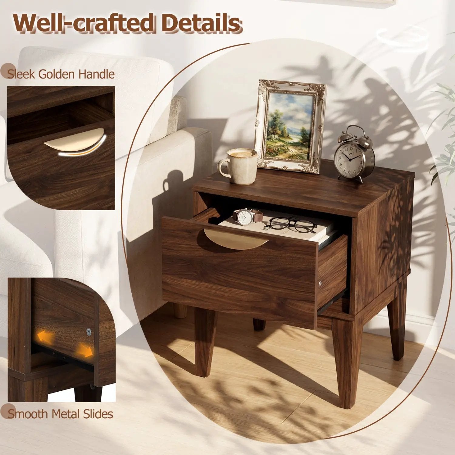 Mid Century Modern Bedside Table with Drawer and Tapered Support Feet for Bedroom by DirectDeals