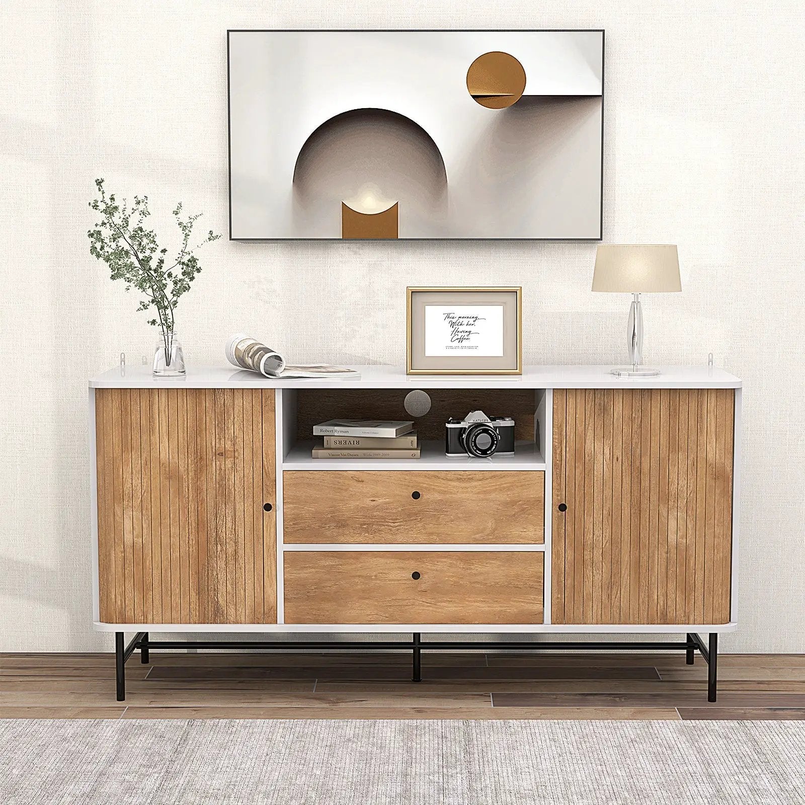 Mid Century Modern Buffet Sideboard with Sliding Tambour Doors and 2 Storage Drawers-White by DirectDeals