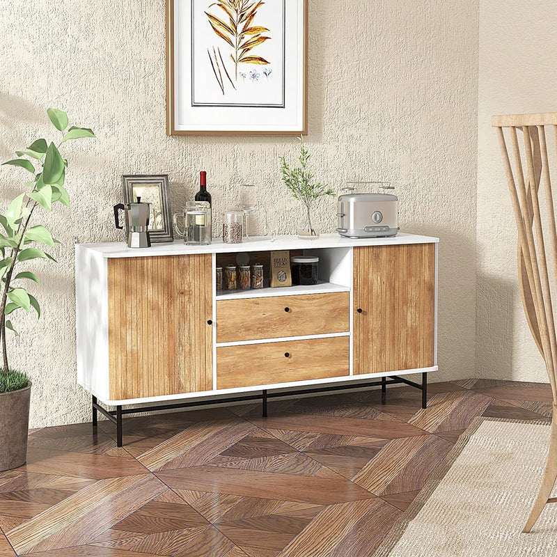 Mid Century Modern Buffet Sideboard with Sliding Tambour Doors and 2 Storage Drawers-White by DirectDeals