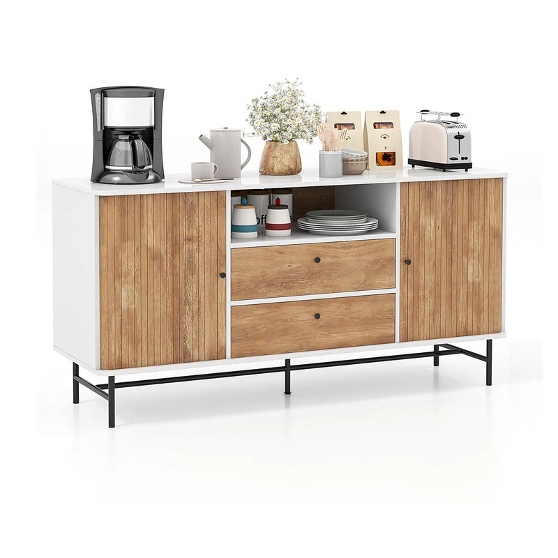 Mid Century Modern Buffet Sideboard with Sliding Tambour Doors and 2 Storage Drawers-White by DirectDeals