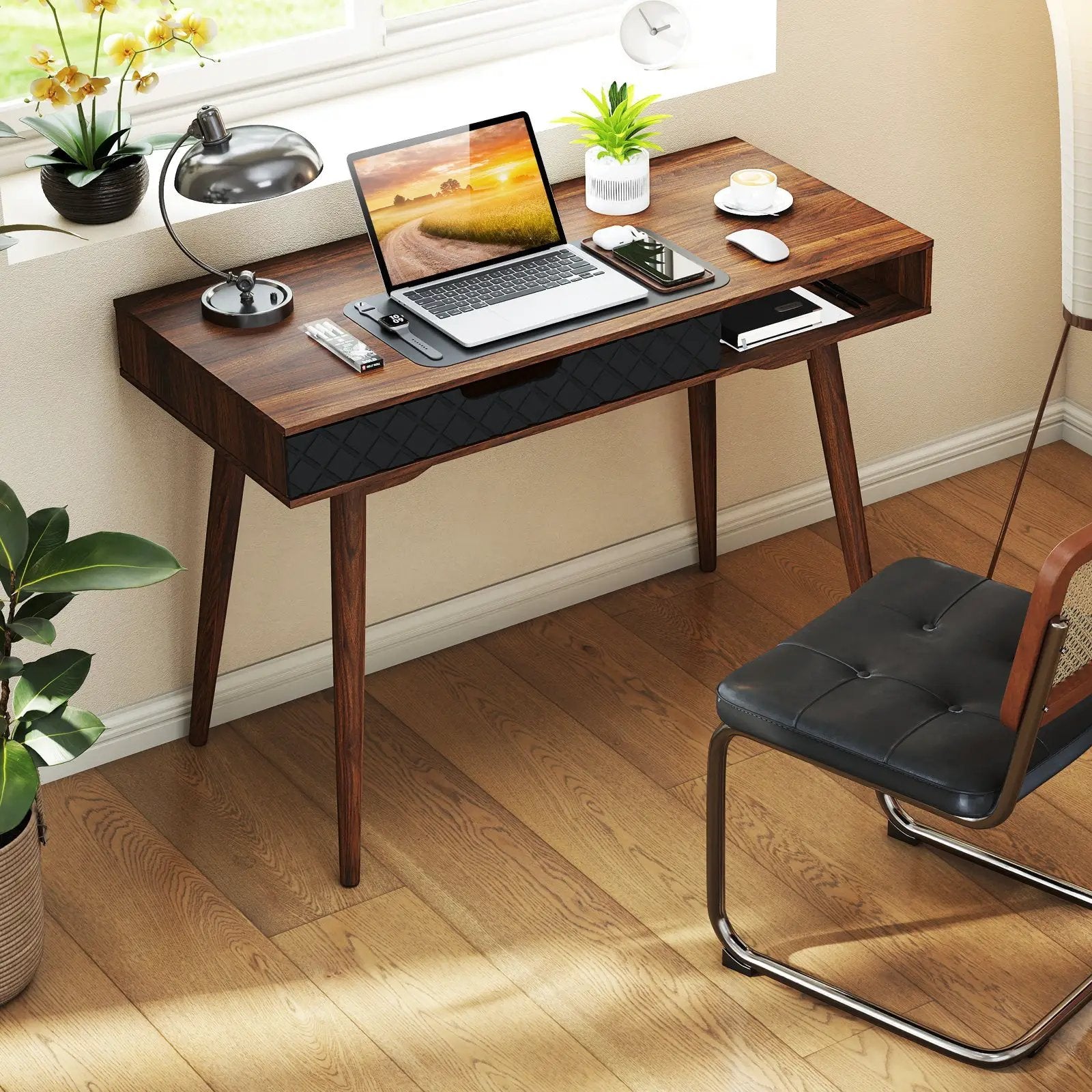 Mid-Century Modern Computer Desk with Drawer and Open Compartment-Brown by DirectDeals