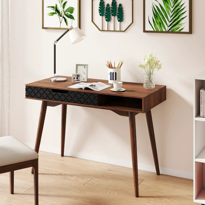 Mid-Century Modern Computer Desk with Drawer and Open Compartment-Brown by DirectDeals