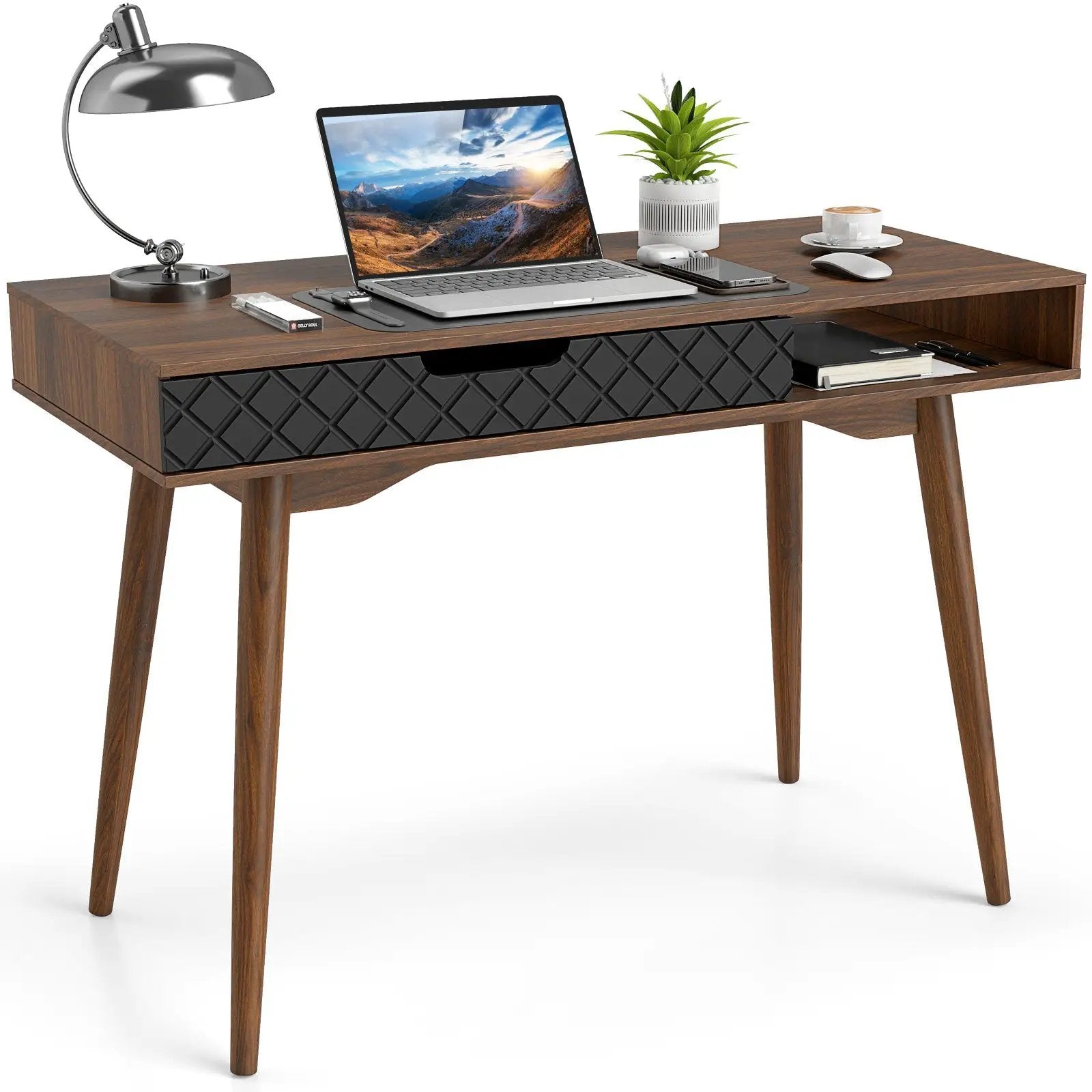 Mid-Century Modern Computer Desk with Drawer and Open Compartment-Brown by DirectDeals