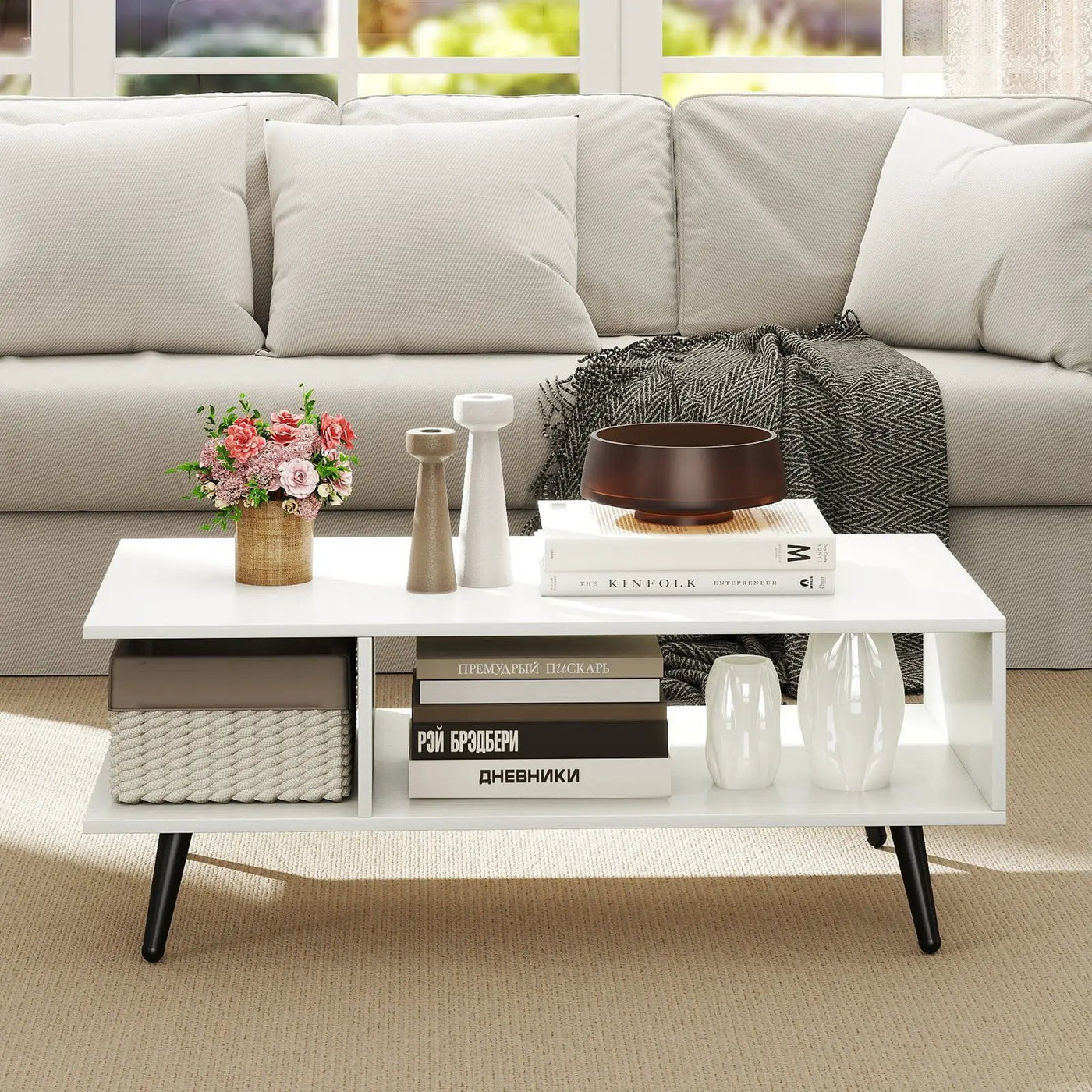 Mid Century Modern Rectangle Coffee Table 2-Tier Accent Table with 2 Open Compartments by DirectDeals