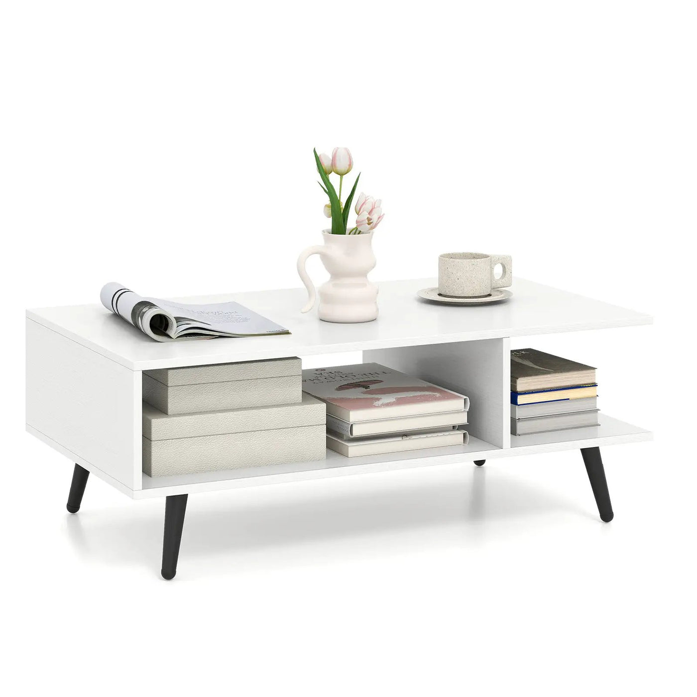 Mid Century Modern Rectangle Coffee Table 2-Tier Accent Table with 2 Open Compartments by DirectDeals