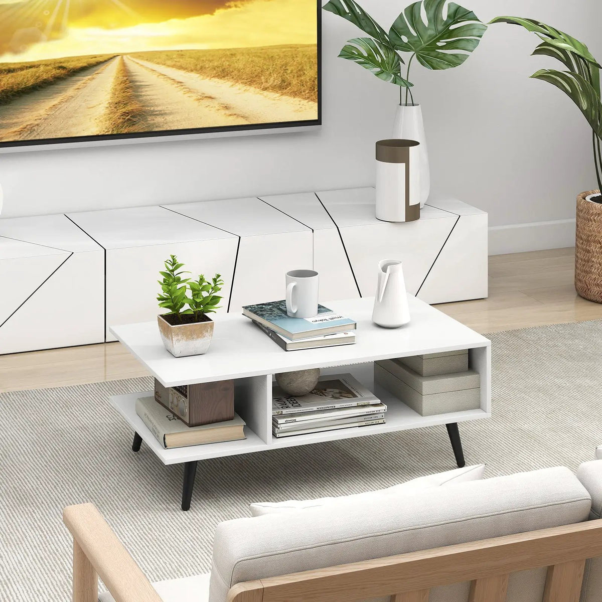 Mid Century Modern Rectangle Coffee Table 2-Tier Accent Table with 2 Open Compartments by DirectDeals