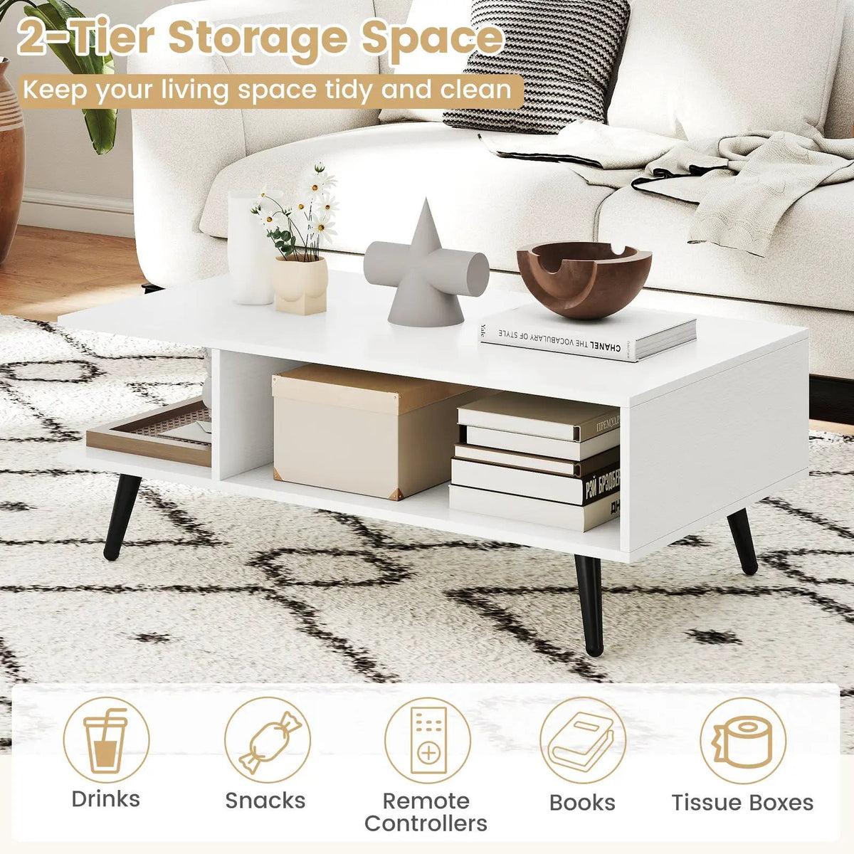 Mid Century Modern Rectangle Coffee Table 2-Tier Accent Table with 2 Open Compartments by DirectDeals