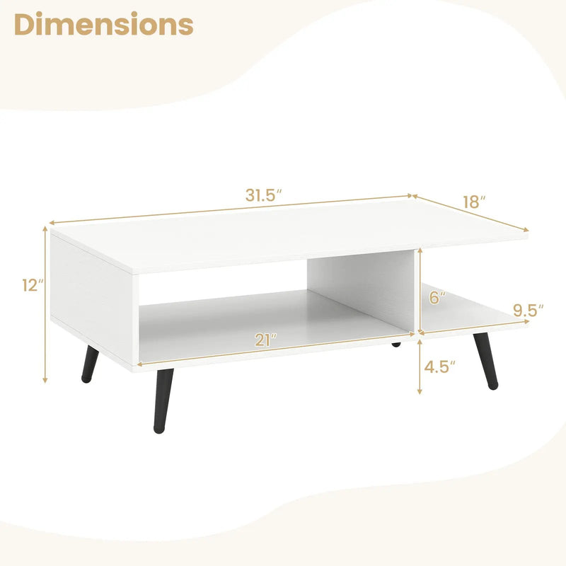 Mid Century Modern Rectangle Coffee Table 2-Tier Accent Table with 2 Open Compartments by DirectDeals