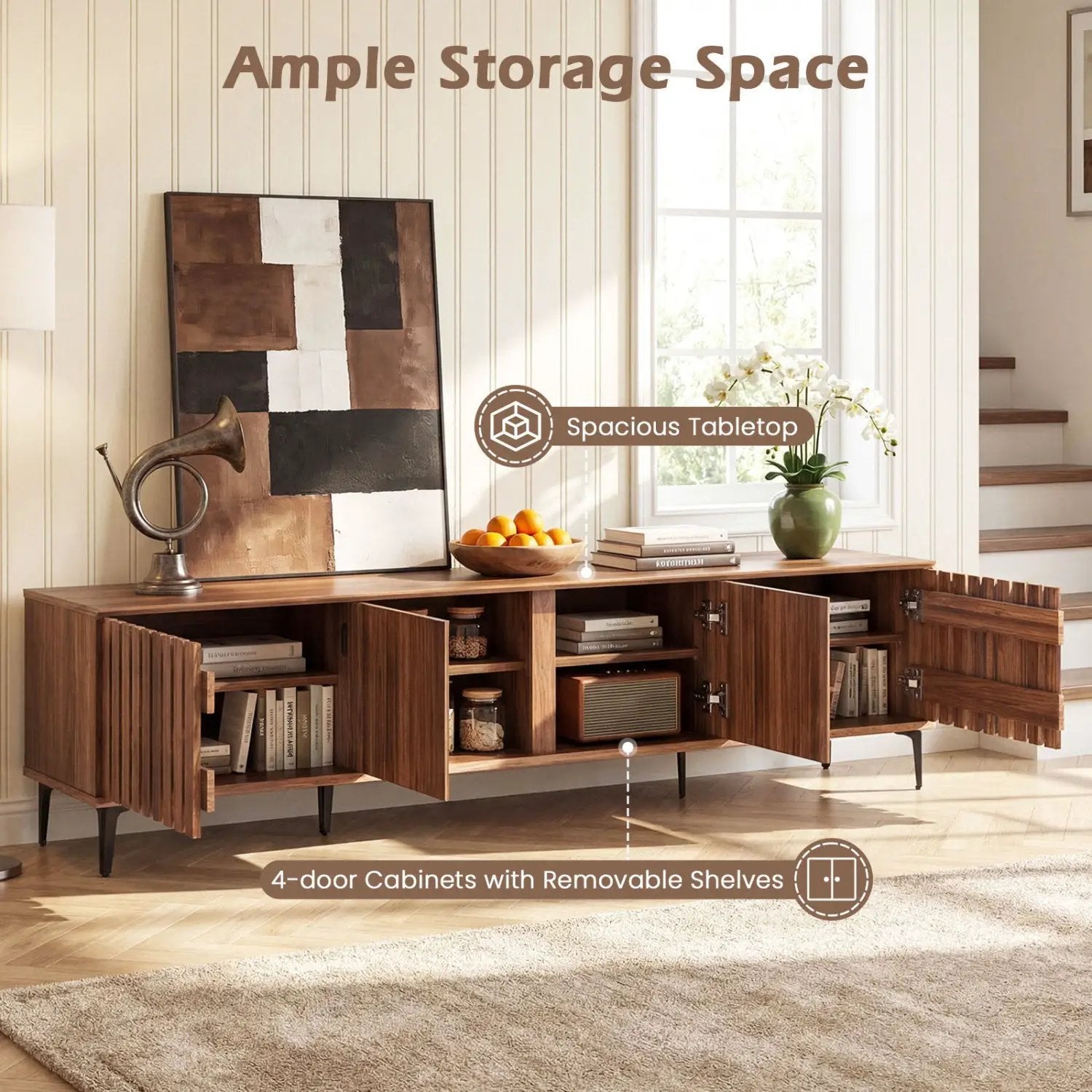 Mid Century Modern Entertainment Center with 4 Storage Cabinets for Living Room by DirectDeals