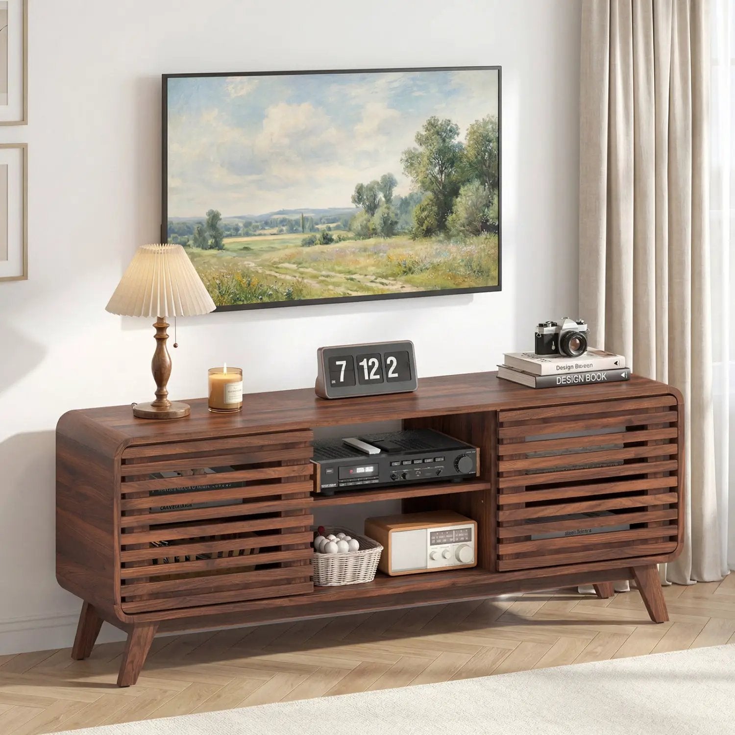 Mid Century Modern Entertainment Center with Grille-style Sliding Doors for Living Room by DirectDeals