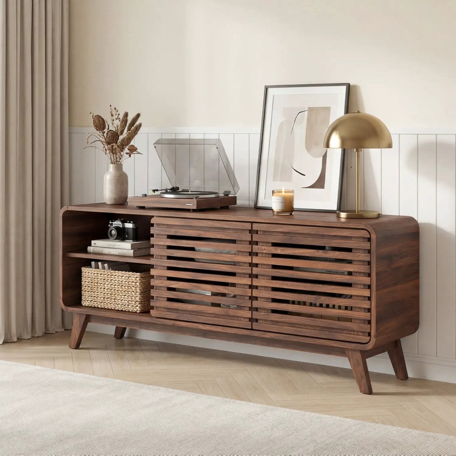 Mid Century Modern Entertainment Center with Grille-style Sliding Doors for Living Room by DirectDeals