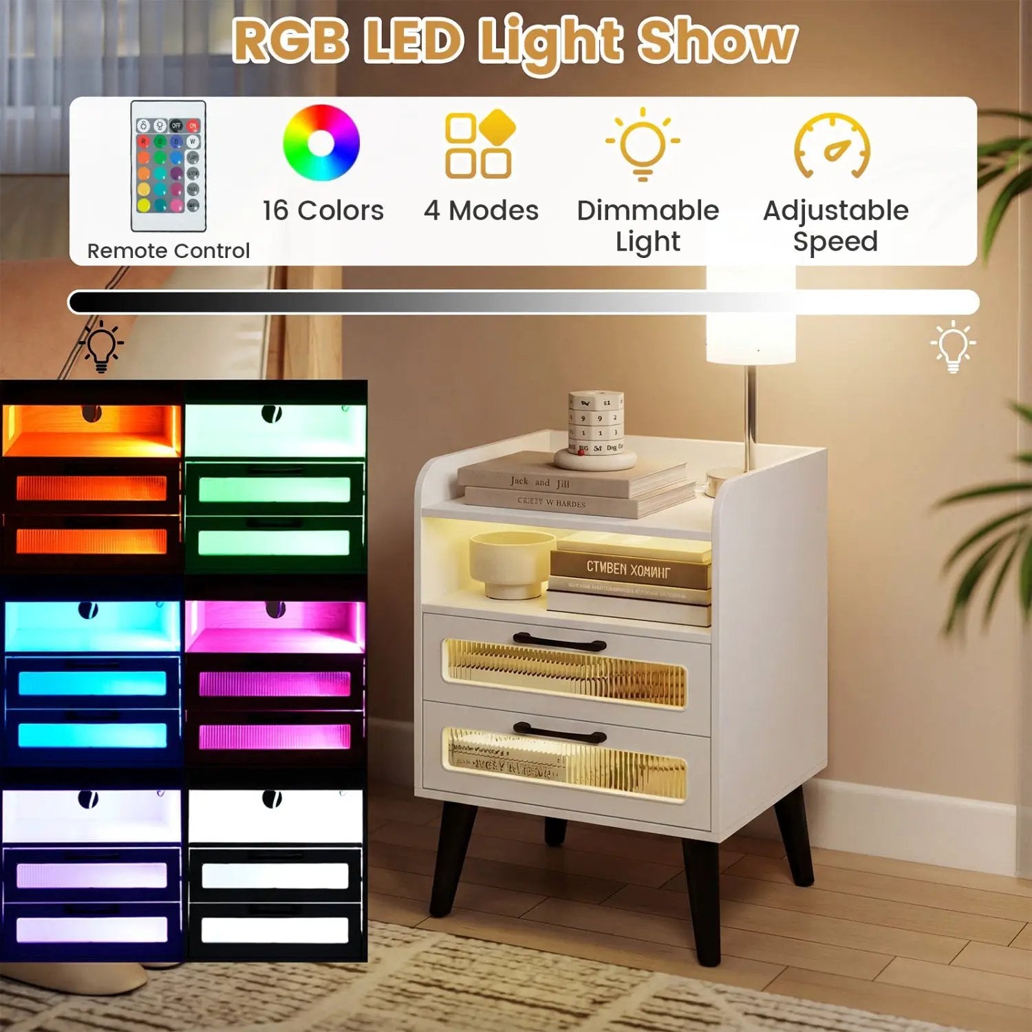 Nightstand with Charging Station and LED Lights by DirectDeals