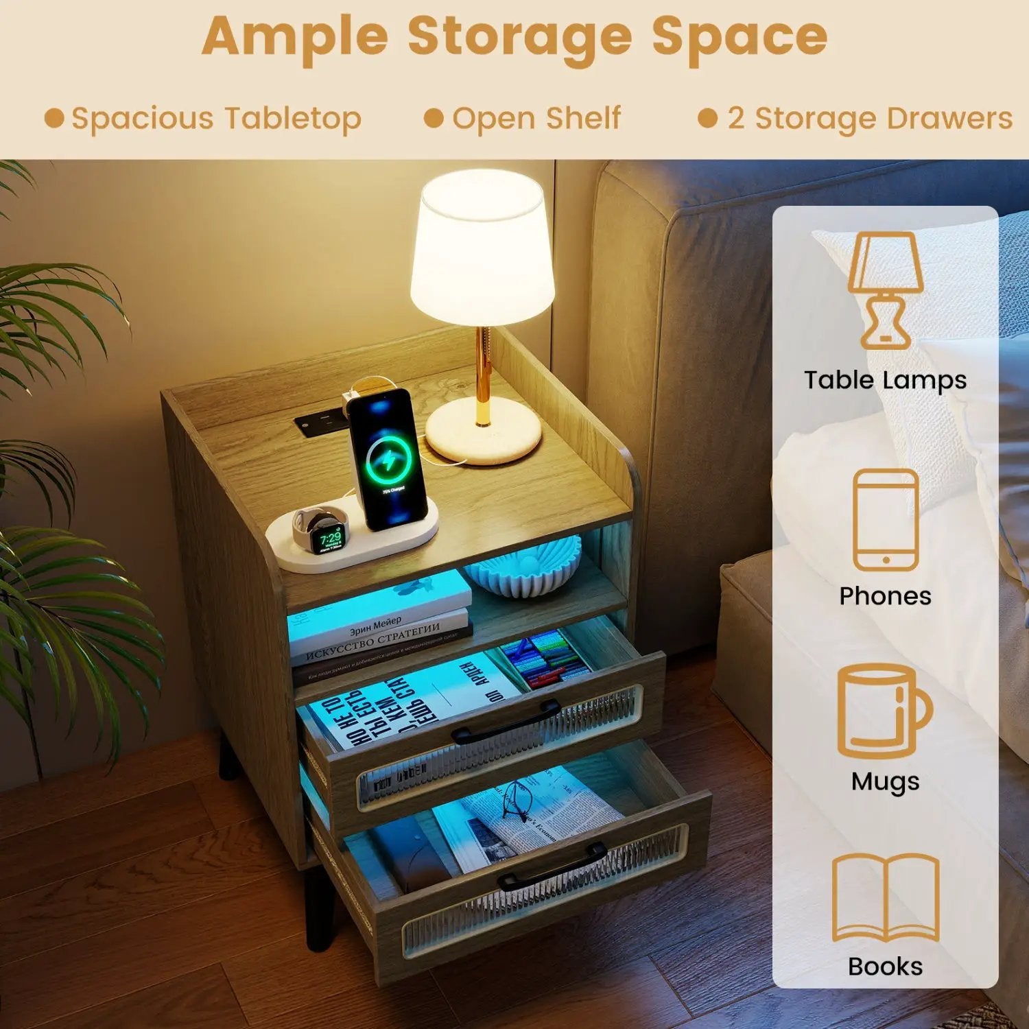 Nightstand with Charging Station and LED Lights by DirectDeals