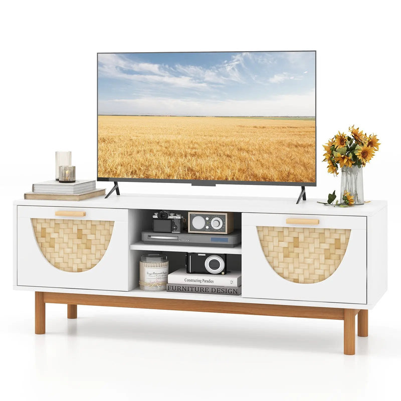 Mid Century Modern TV Stand Entertainment Center for 55-Inch TV with 2 Drawers and Bamboo Woven Fronts-White by DirectDeals