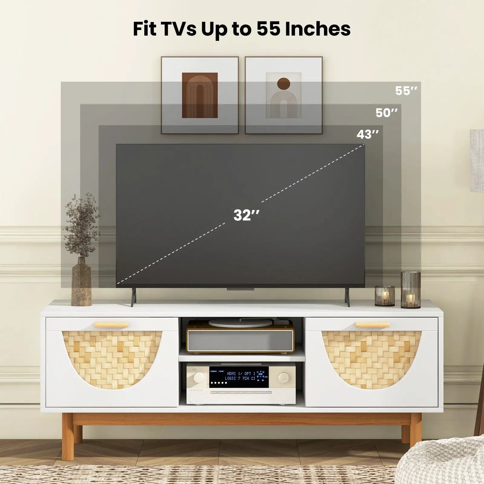Mid Century Modern TV Stand Entertainment Center for 55-Inch TV with 2 Drawers and Bamboo Woven Fronts-White by DirectDeals