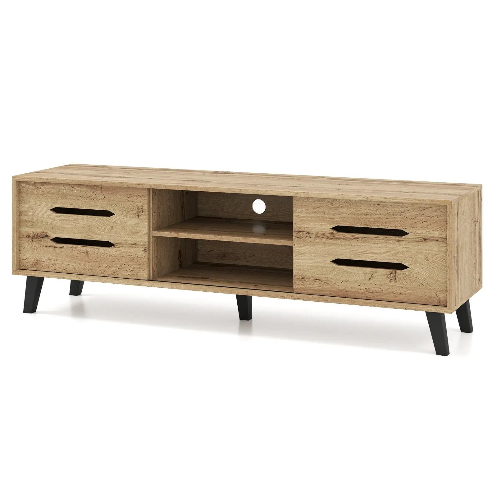 Mid Century Modern TV Stand with Sliding Doors and Cable Hole for 65 Inch TVs-Natural by DirectDeals