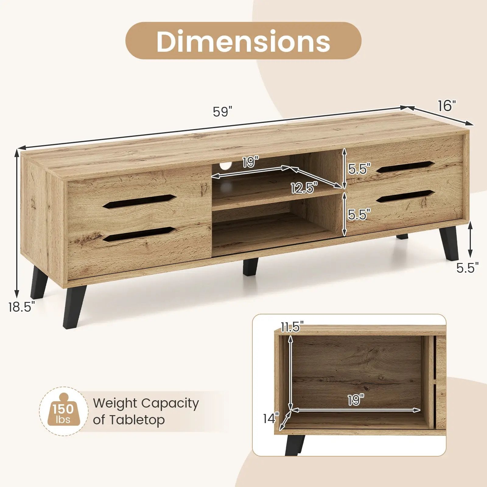 Mid Century Modern TV Stand with Sliding Doors and Cable Hole for 65 Inch TVs-Natural by DirectDeals