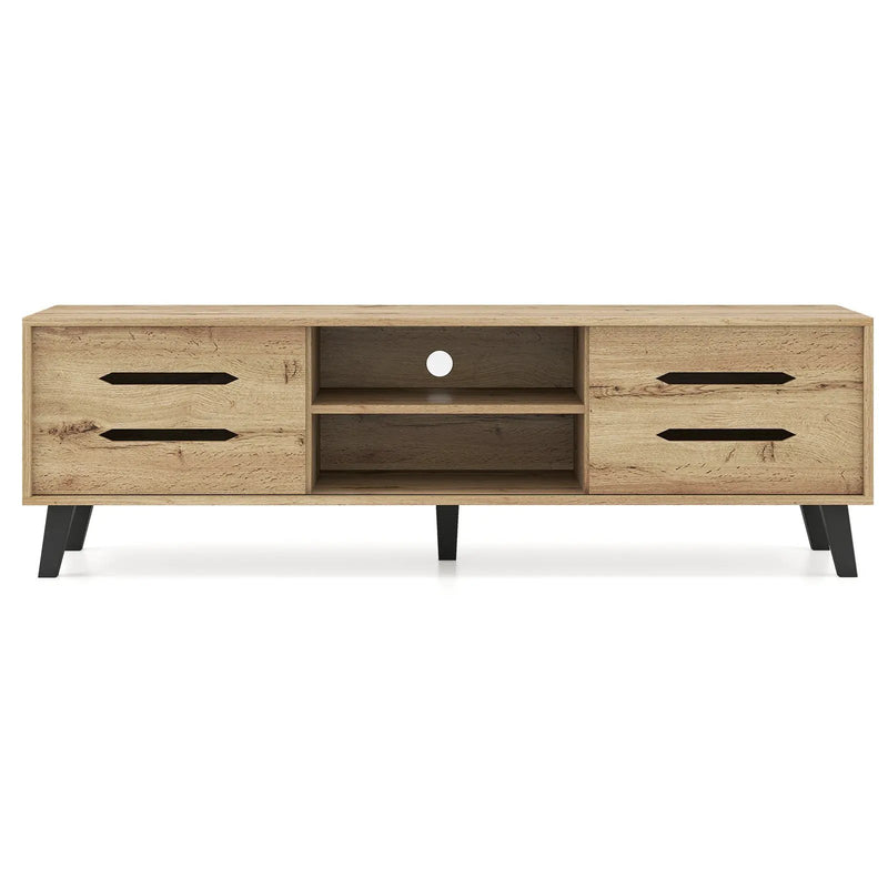 Mid Century Modern TV Stand with Sliding Doors and Cable Hole for 65 Inch TVs-Natural by DirectDeals