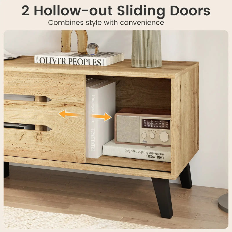 Mid Century Modern TV Stand with Sliding Doors and Cable Hole for 65 Inch TVs-Natural by DirectDeals