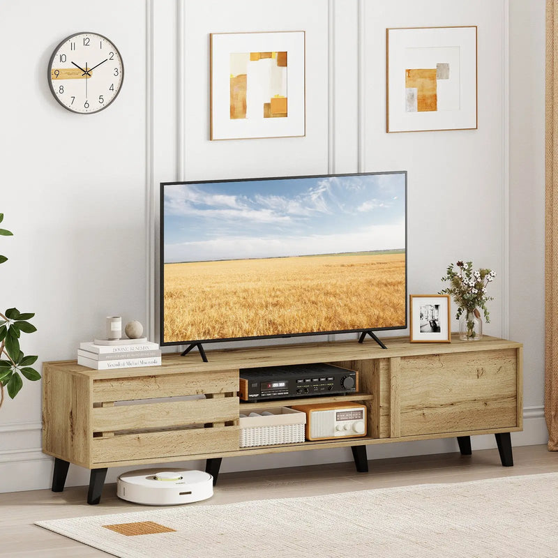 Mid Century Modern TV Stand for 80 Inch TVs with Sliding Door Cabinets and Storage Shelves-Oak by DirectDeals