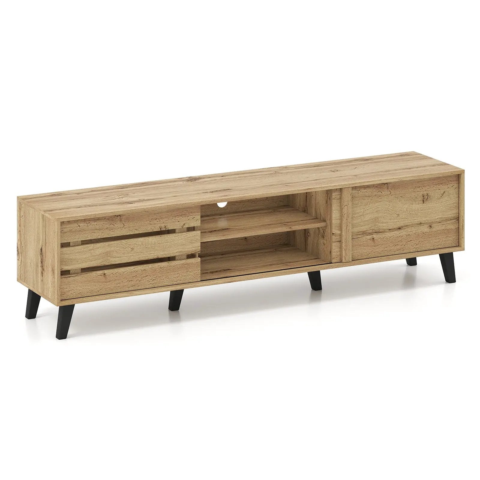 Mid Century Modern TV Stand for 80 Inch TVs with Sliding Door Cabinets and Storage Shelves-Oak by DirectDeals