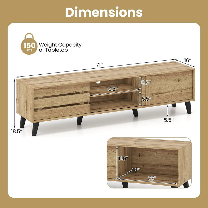 Mid Century Modern TV Stand for 80 Inch TVs with Sliding Door Cabinets and Storage Shelves-Oak by DirectDeals