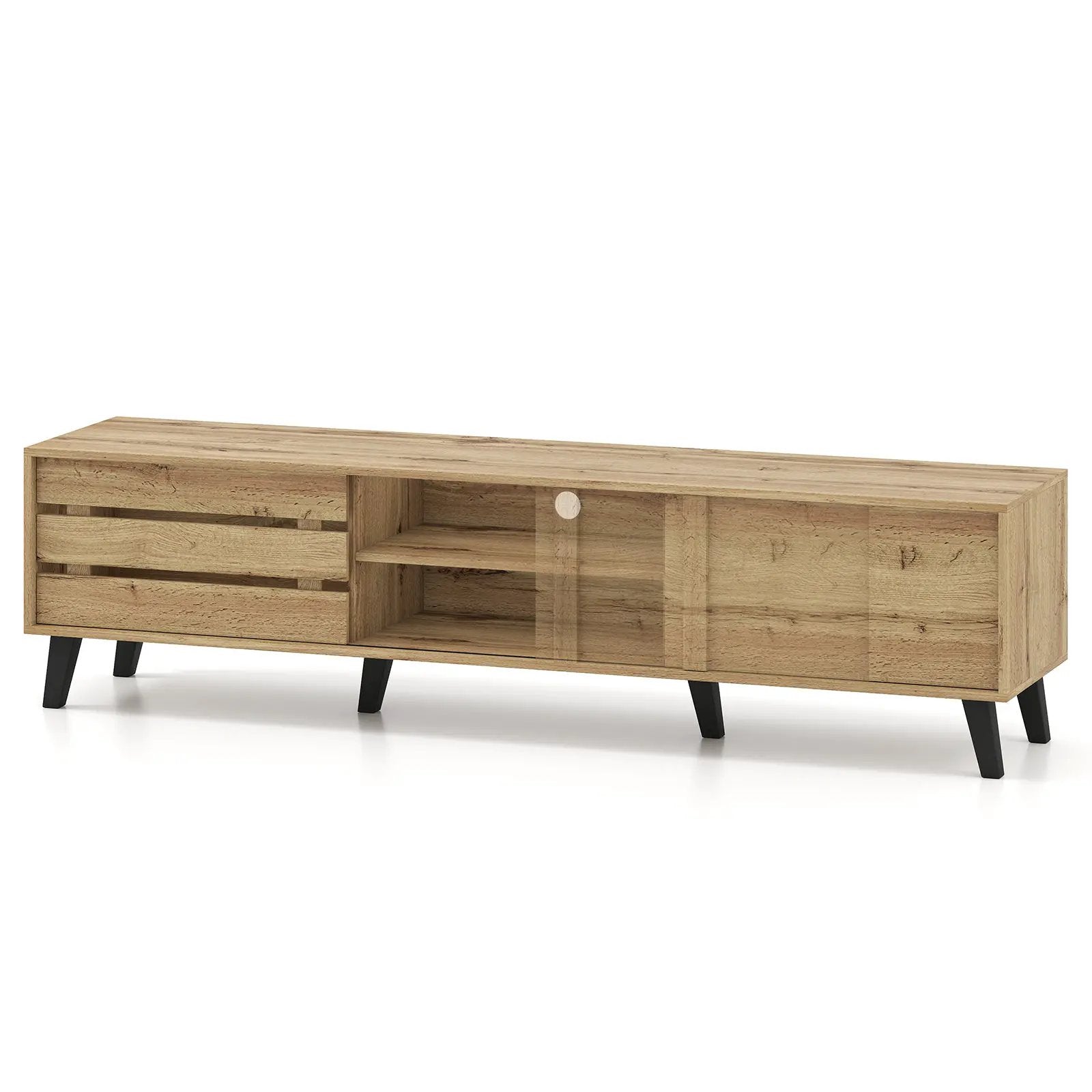 Mid Century Modern TV Stand for 80 Inch TVs with Sliding Door Cabinets and Storage Shelves-Oak by DirectDeals