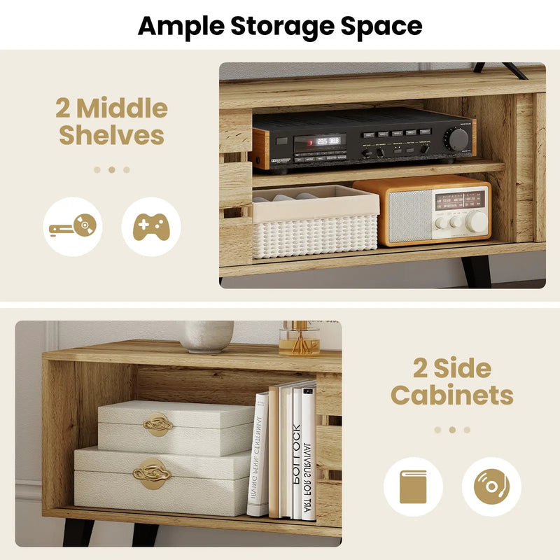 Mid Century Modern TV Stand for 80 Inch TVs with Sliding Door Cabinets and Storage Shelves-Oak by DirectDeals