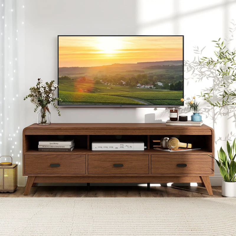 Mid Century Modern TV Stand for TVs up to 70" with 3 Storage Drawers and Open Shelves-Walnut by DirectDeals
