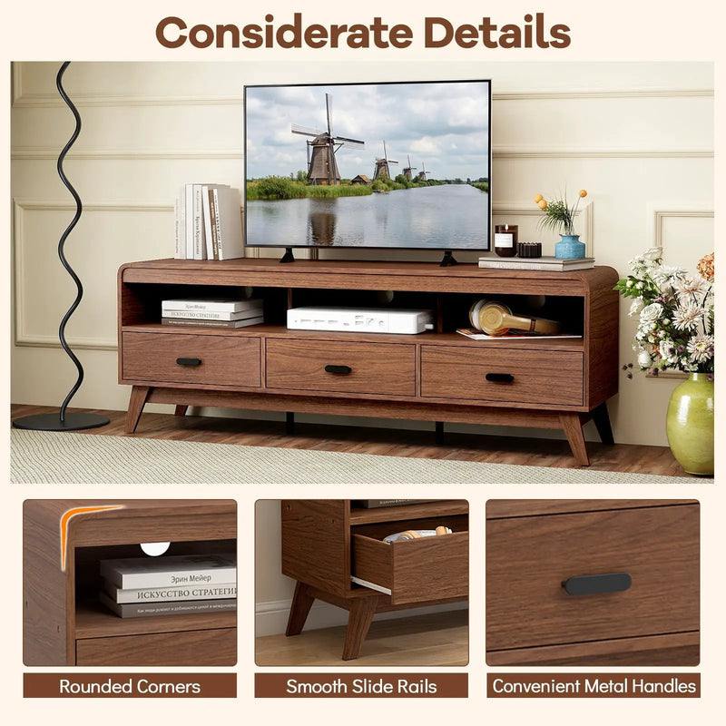 Mid Century Modern TV Stand for TVs up to 70" with 3 Storage Drawers and Open Shelves-Walnut by DirectDeals