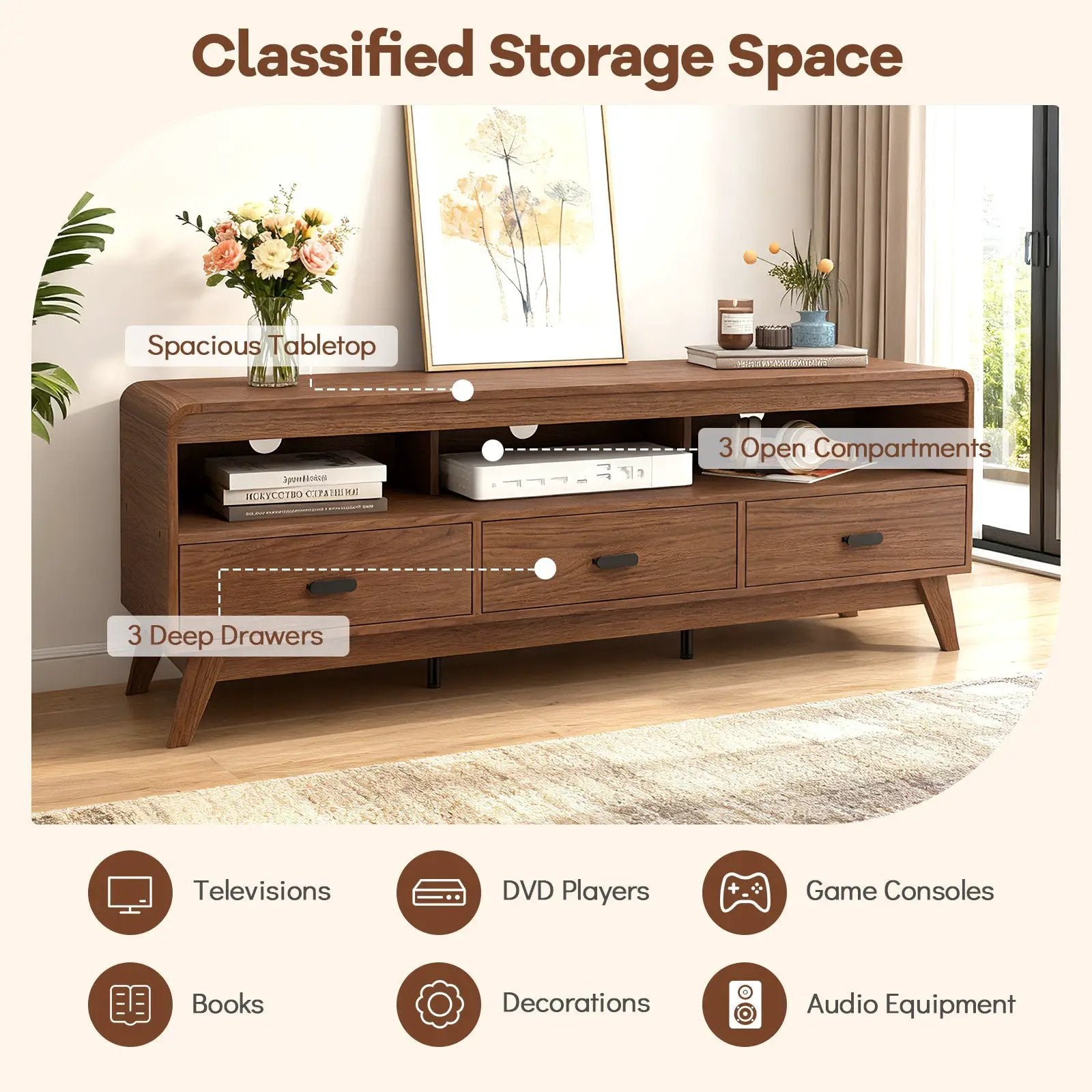 Mid Century Modern TV Stand for TVs up to 70" with 3 Storage Drawers and Open Shelves-Walnut by DirectDeals