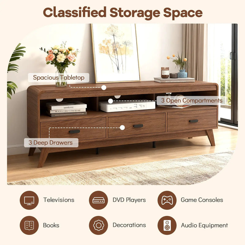 Mid Century Modern TV Stand for TVs up to 70" with 3 Storage Drawers and Open Shelves-Walnut by DirectDeals
