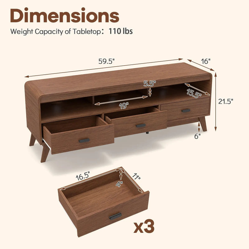 Mid Century Modern TV Stand for TVs up to 70" with 3 Storage Drawers and Open Shelves-Walnut by DirectDeals