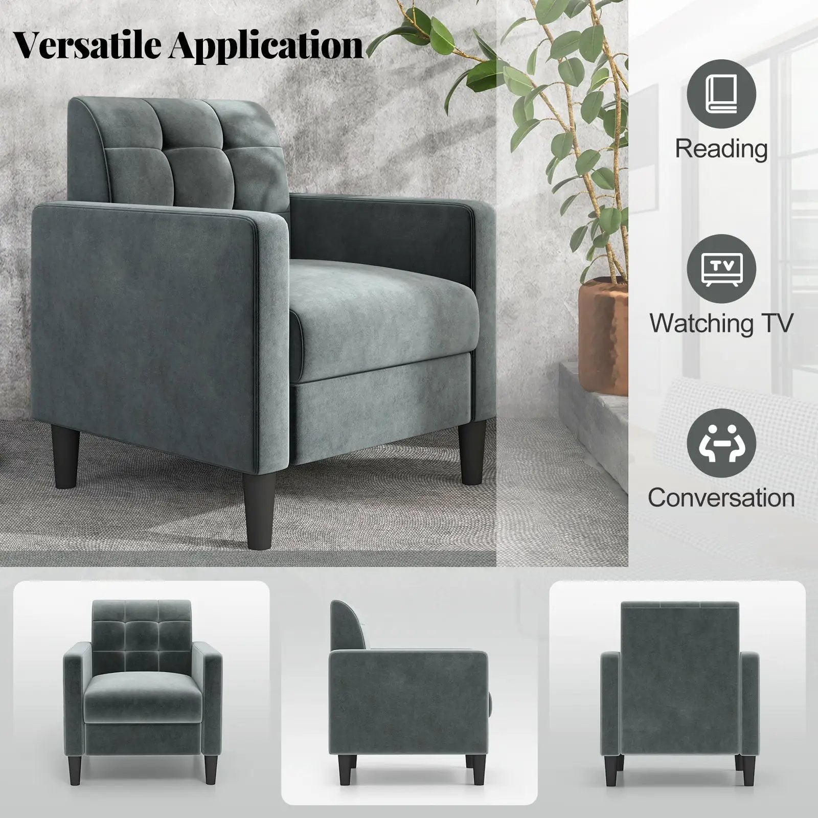 Mid Century Modern Velvet Accent Chair with Tufted Back-Grey by DirectDeals