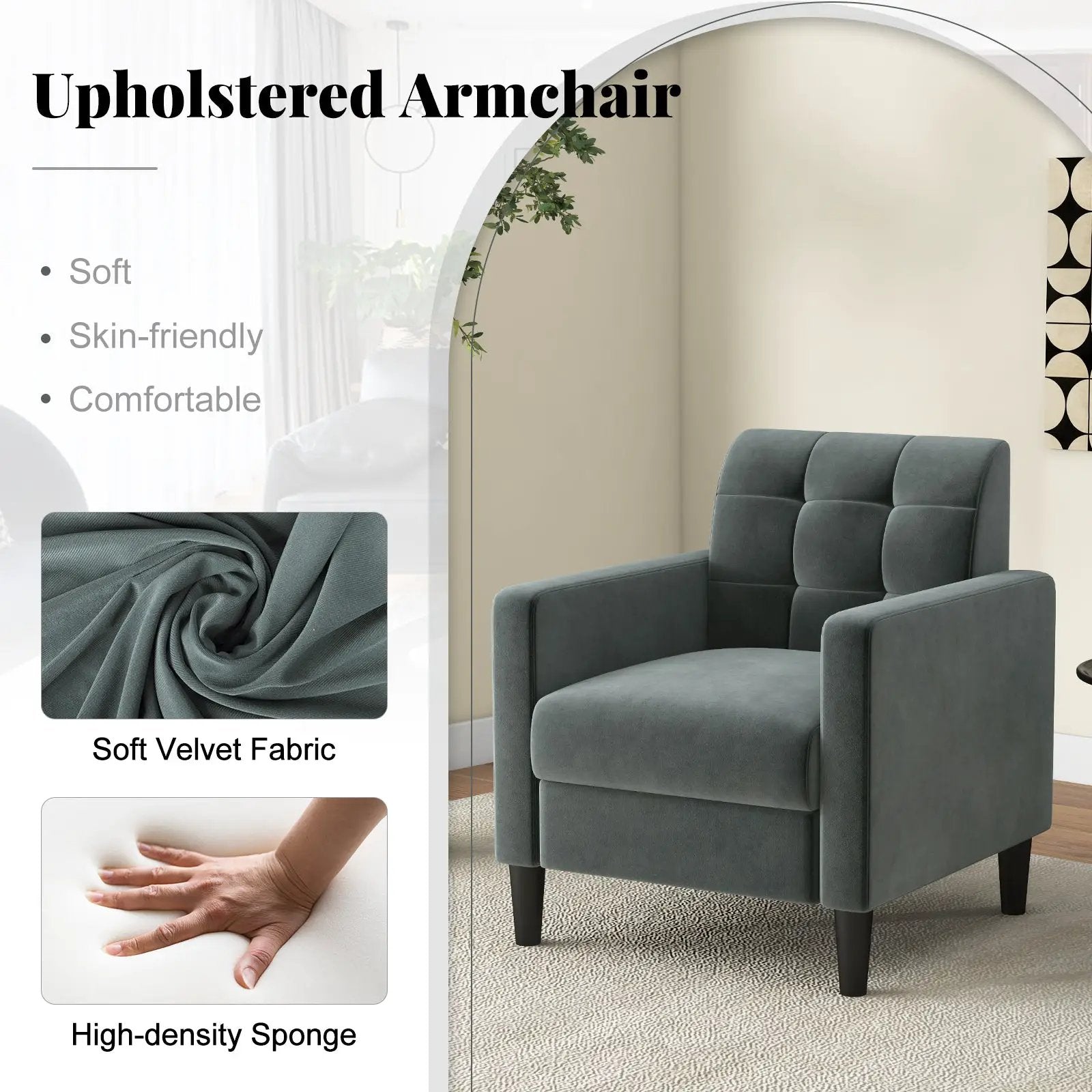 Mid Century Modern Velvet Accent Chair with Tufted Back-Grey by DirectDeals