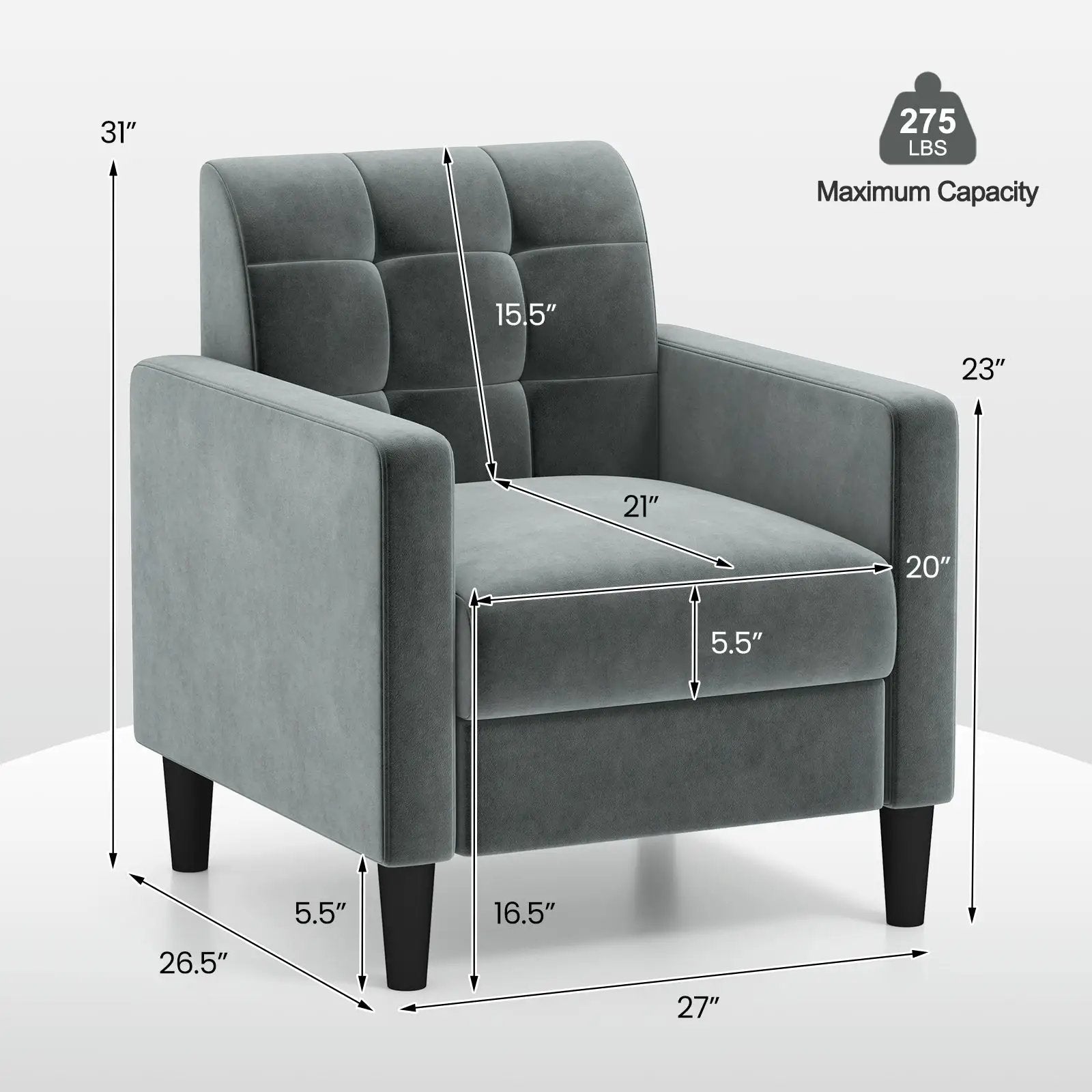 Mid Century Modern Velvet Accent Chair with Tufted Back-Grey by DirectDeals