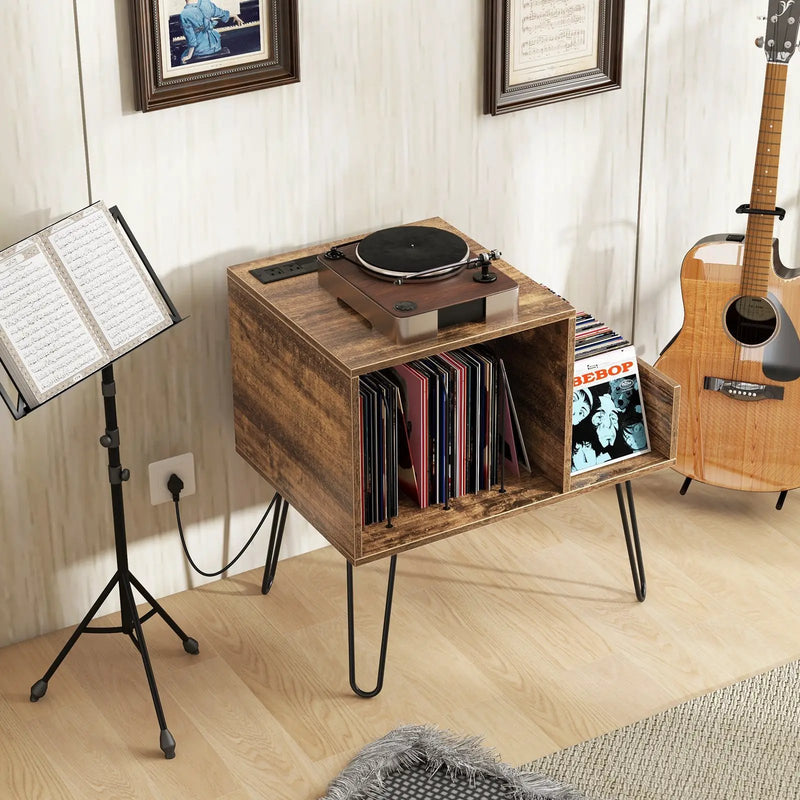 Mid-century Record Player Stand with Power Outlet and Vinyl Divider by DirectDeals