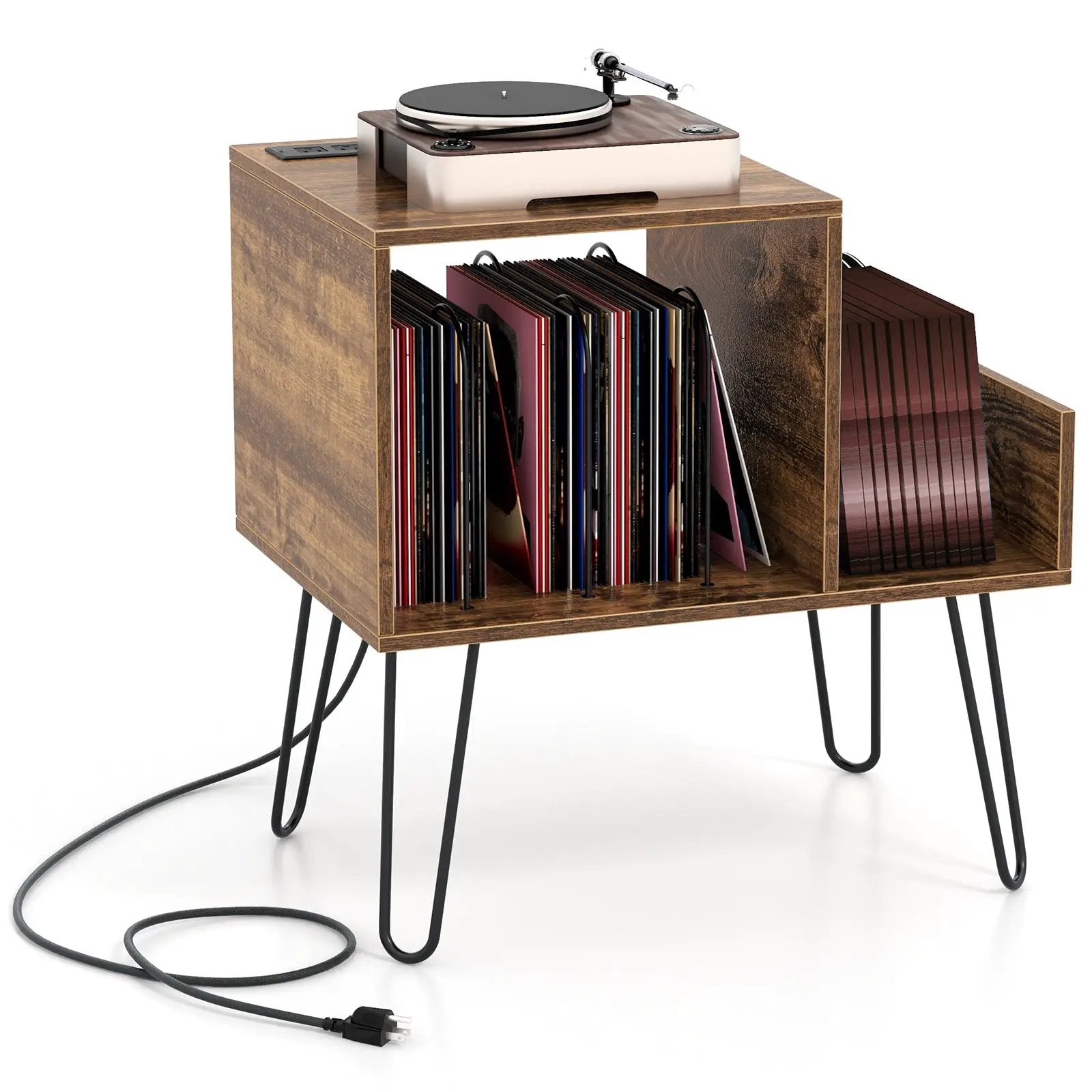 Mid-century Record Player Stand with Power Outlet and Vinyl Divider by DirectDeals