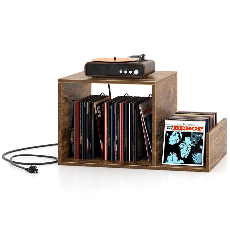 Mid-century Record Player Stand with Power Outlet and Vinyl Divider by DirectDeals