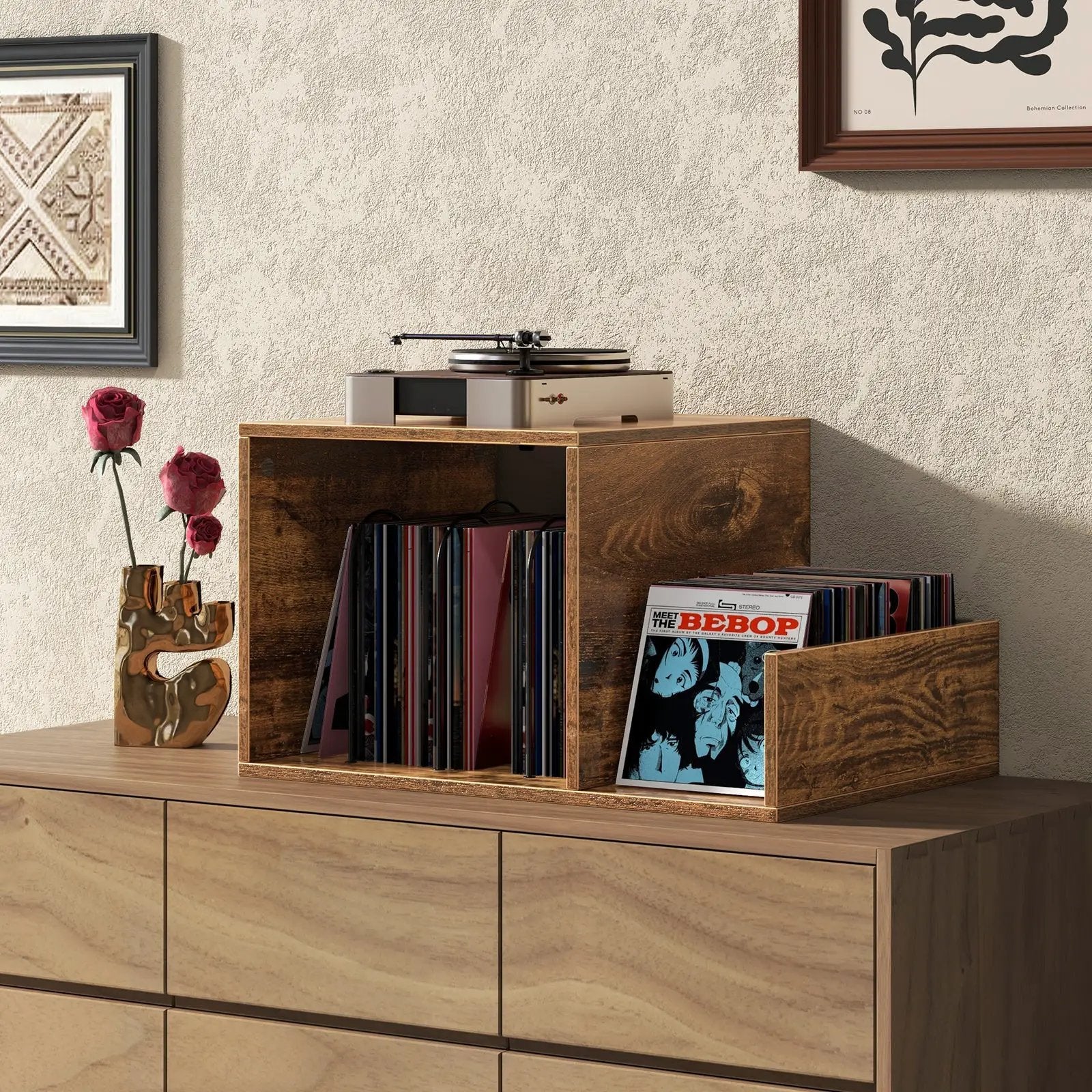 Mid-century Record Player Stand with Power Outlet and Vinyl Divider by DirectDeals