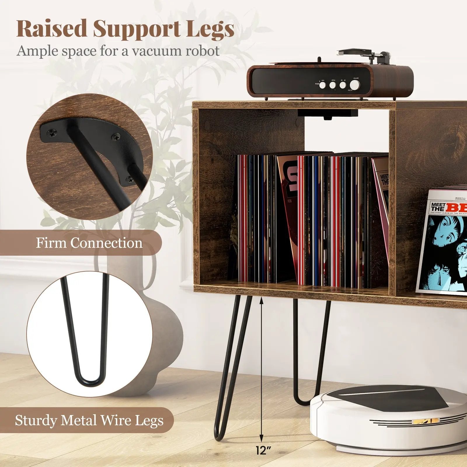 Mid-century Record Player Stand with Power Outlet and Vinyl Divider by DirectDeals