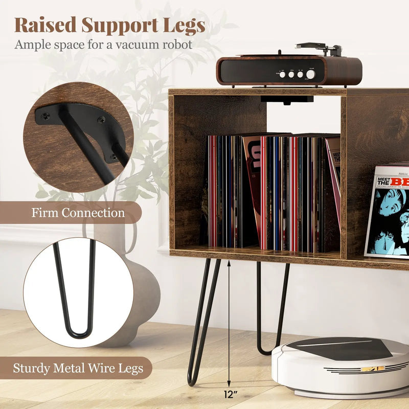 Mid-century Record Player Stand with Power Outlet and Vinyl Divider by DirectDeals