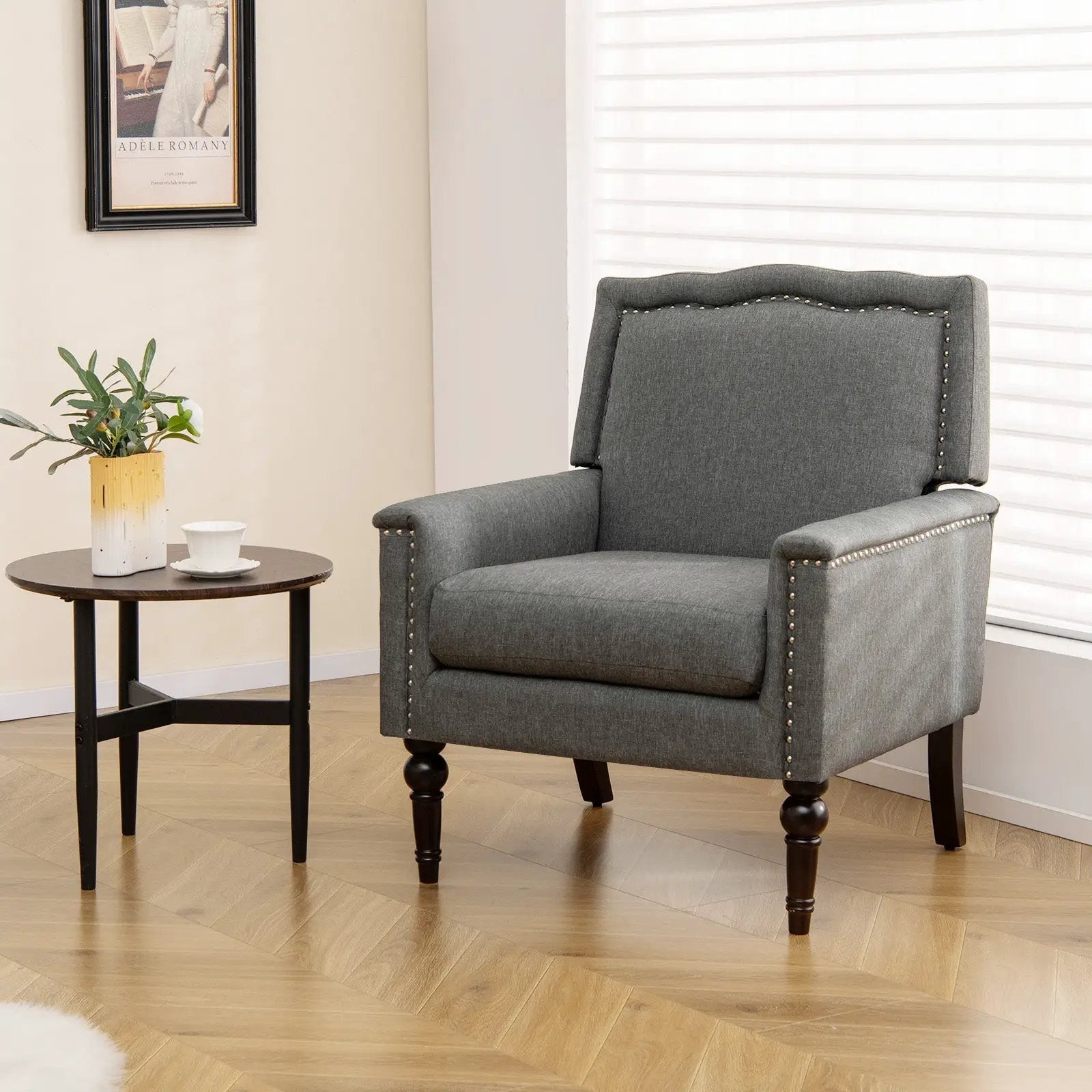 Mid-century Modern Armchair Linen Fabric Upholstered Accent Chair with Cushion-Gray by DirectDeals
