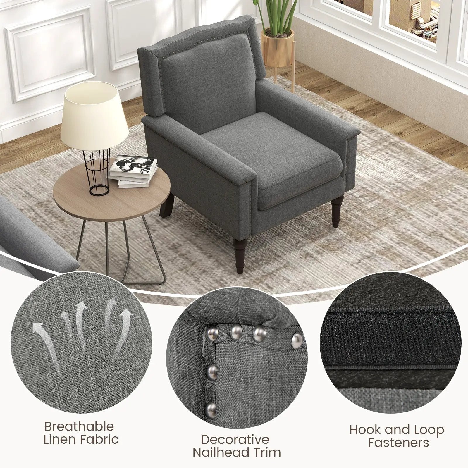 Mid-century Modern Armchair Linen Fabric Upholstered Accent Chair with Cushion-Gray by DirectDeals