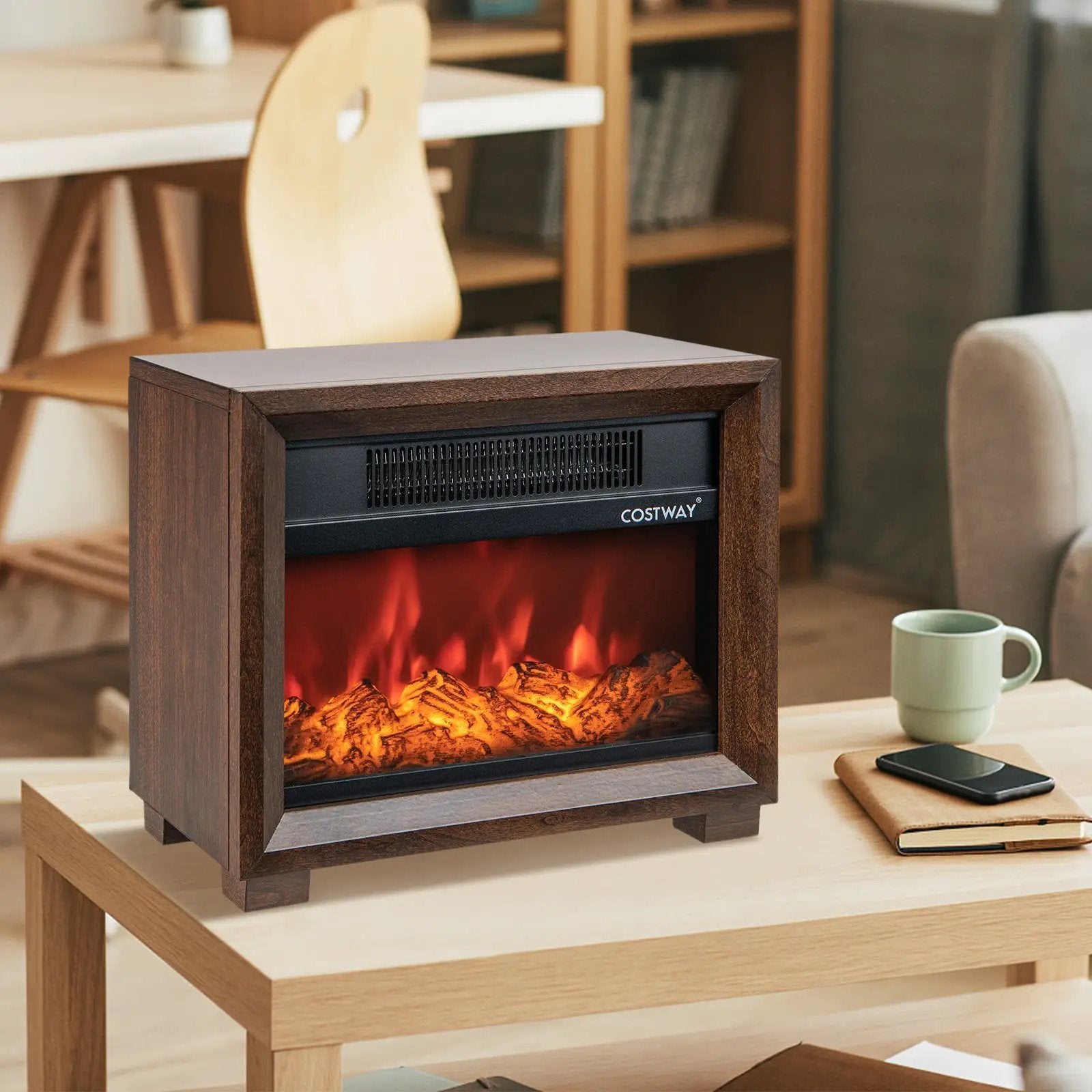 Mini Wooden Space Tabletop Fireplace with Realistic Flame Effect by DirectDeals