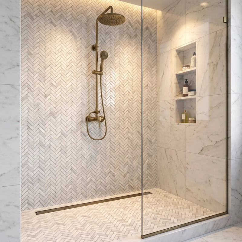 Mink White Honed Herringbone 5/8x2 Marble Mosaics 12 1/8x13 3/8 by Stonetiledepot