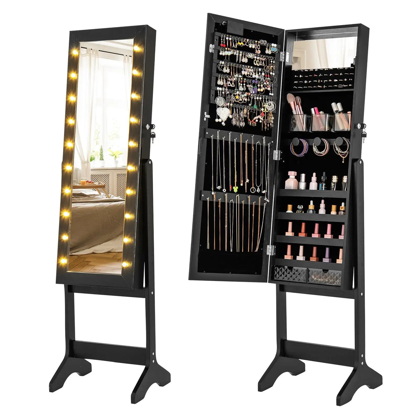 Mirror Jewelry Cabinet with 20 Warm Lights and 4 Tilt Angles by DirectDeals