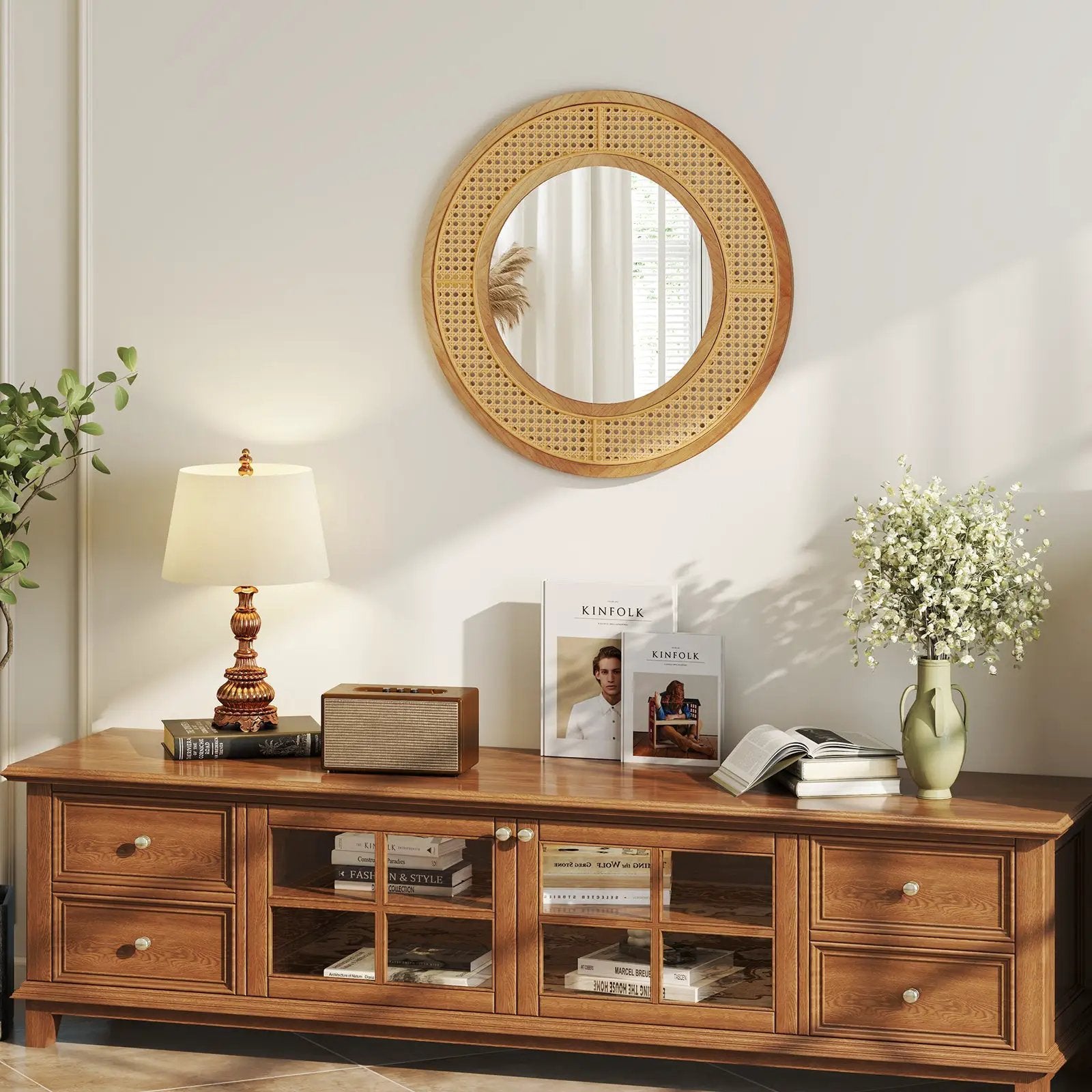 25.5 Inch Bohemian Round Wall Mounted Decorative Mirror with Wooden Frame-Natural by DirectDeals