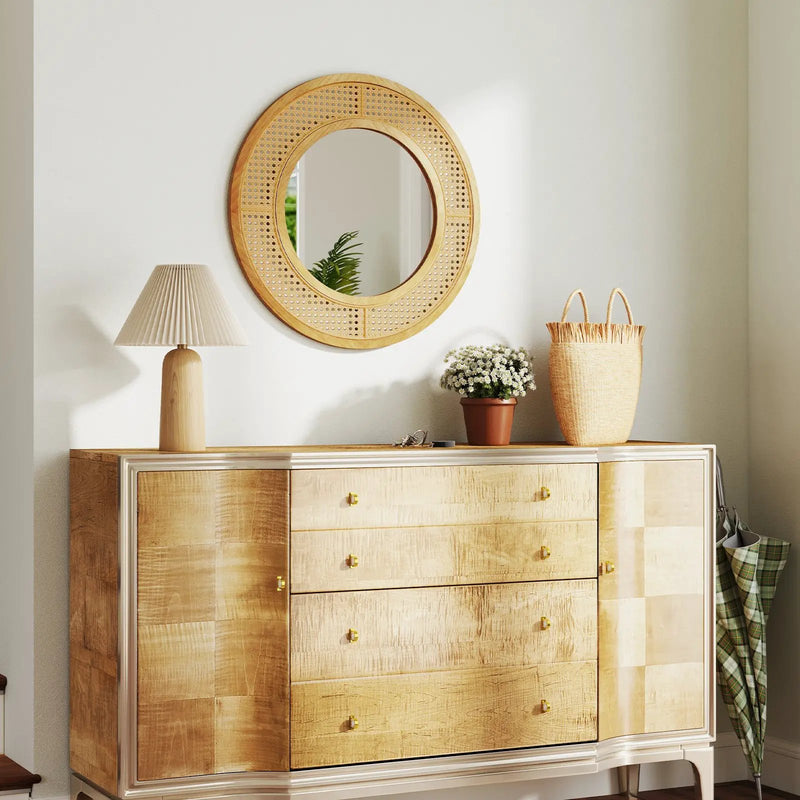 25.5 Inch Bohemian Round Wall Mounted Decorative Mirror with Wooden Frame-Natural by DirectDeals